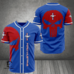 Eye-Catching Mustang Skull Red Blue Baseball Jersey – Printed Design for a Striking Look,