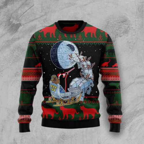 Cart 2 Black Cat Sleigh to Death Star Ugly Christmas Sweater - Festive and Galactic Fun!