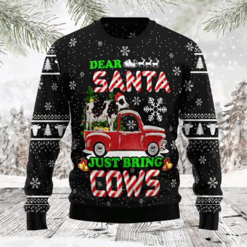 Cart 6 Deer Santa Just Bring Cows Ugly Christmas Sweater