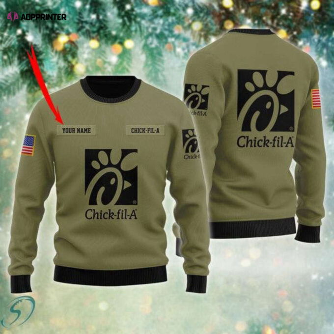 Custom Chick-Fil-A Military Green Ugly Christmas Sweater: Personalized Flag Design