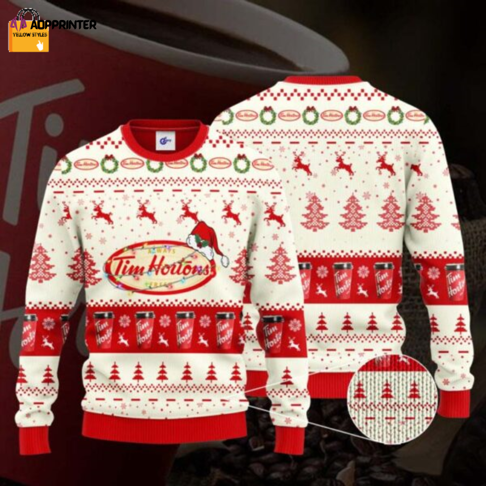 Get Festive with Tim Hortons Santa Hat Ugly Christmas Sweater Get Festive with Tim Hortons Santa Hat Ugly Christmas Sweater