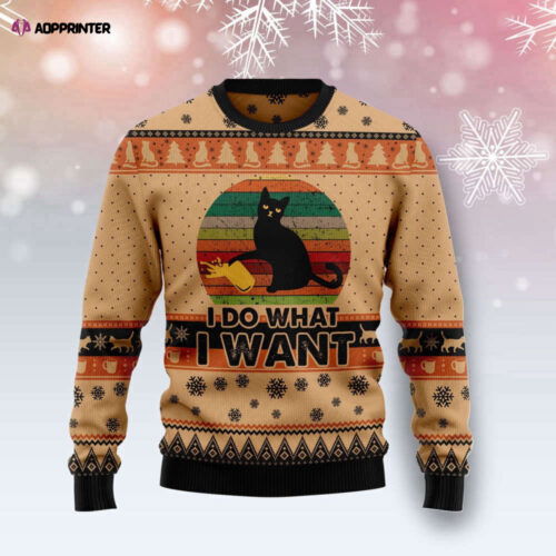 I Do What I Want Black Cat Ugly Christmas Sweater - Festive Feline Fashion