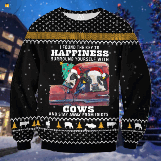 Cow-Themed Ugly Christmas Sweater: The Key to Happiness! Stay Clear of Idiots!
