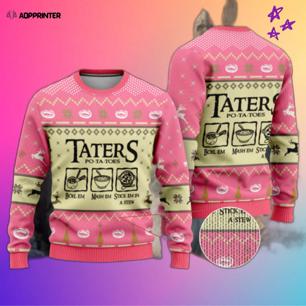 Get Festive with the Lost Of The Ring Taters Pink Ugly Christmas Sweater Get Festive with the Lost Of The Ring Taters Pink Ugly Christmas Sweater