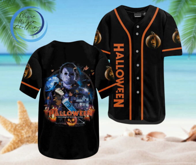 Spooky Michael Myers Pumpkin Halloween Baseball Jersey – Perfect for the Season