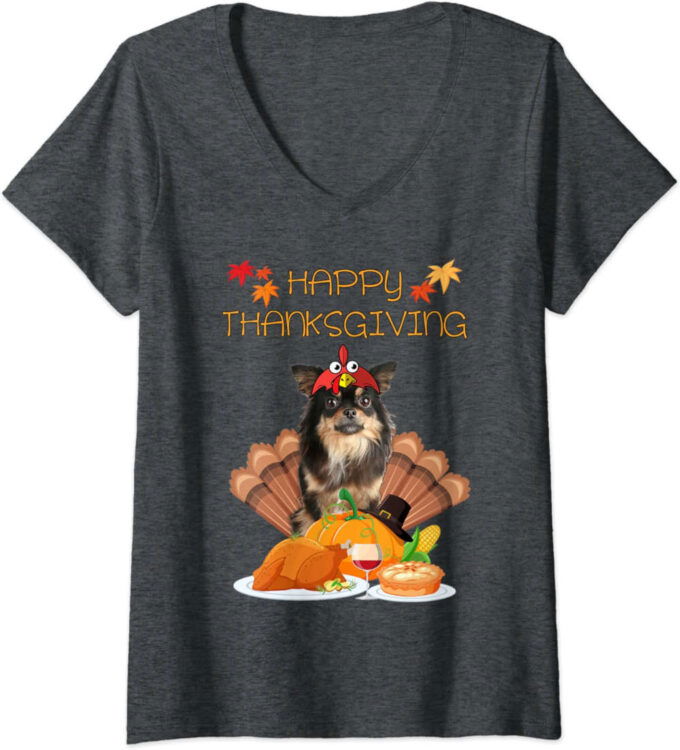 Womens Happy Thanksgiving Day Chihuahua Gifts Dog Funny Turkey V-Neck T-Shirt