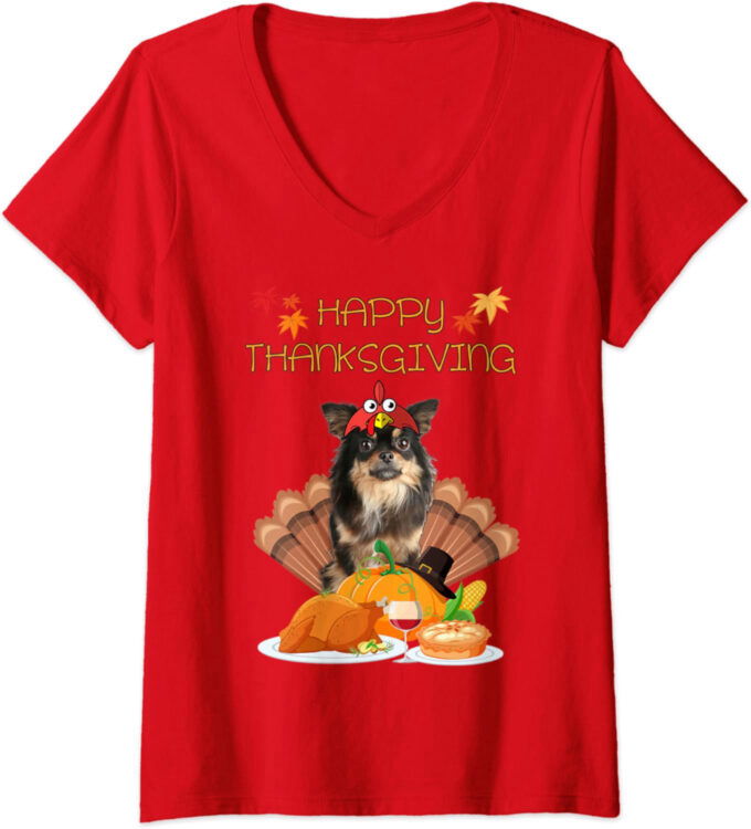 Womens Happy Thanksgiving Day Chihuahua Gifts Dog Funny Turkey V-Neck T-Shirt
