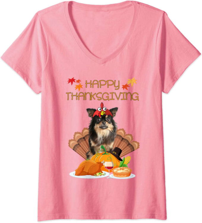 Womens Happy Thanksgiving Day Chihuahua Gifts Dog Funny Turkey V-Neck T-Shirt