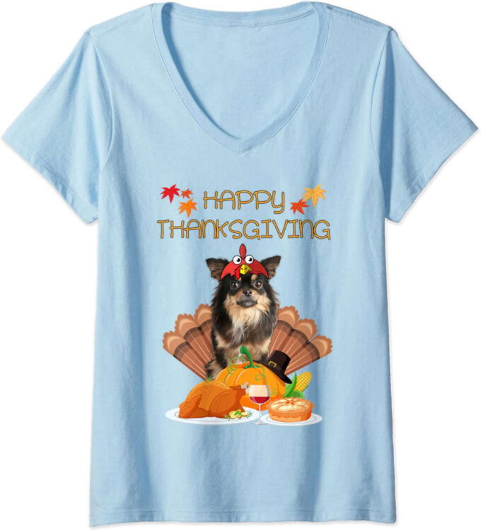 Womens Happy Thanksgiving Day Chihuahua Gifts Dog Funny Turkey V-Neck T-Shirt