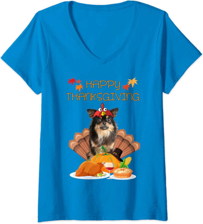 Womens Happy Thanksgiving Day Chihuahua Gifts Dog Funny Turkey V-Neck T-Shirt