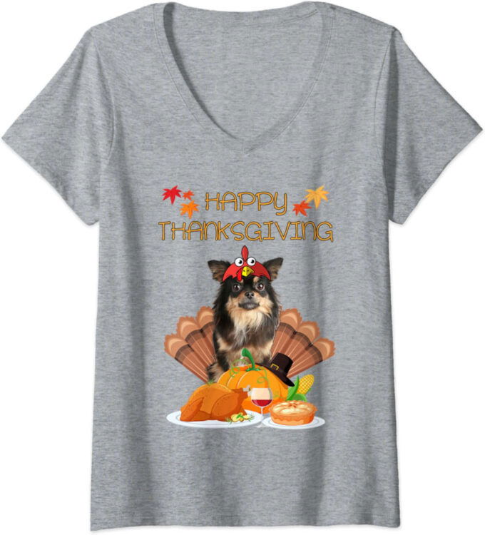 Womens Happy Thanksgiving Day Chihuahua Gifts Dog Funny Turkey V-Neck T-Shirt