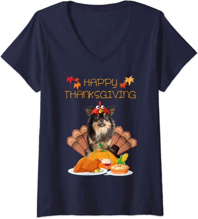 Womens Happy Thanksgiving Day Chihuahua Gifts Dog Funny Turkey V-Neck T-Shirt