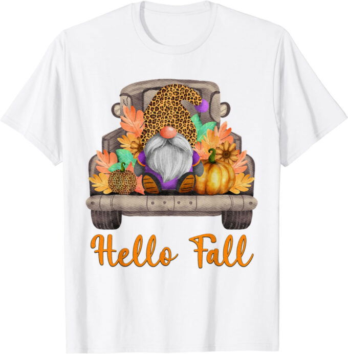 4pNO Truck Gnomes Hello Fall Pumpkin Autumn Thanksgiving T-Shirt