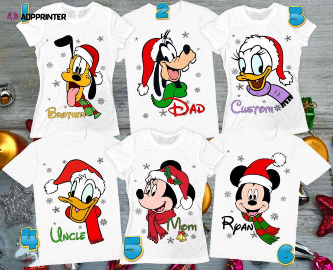Disney Christmas Mickey Minnie Donald Daisy Goofy Pluto Characters Personalized New Year Party Family T-Shirt