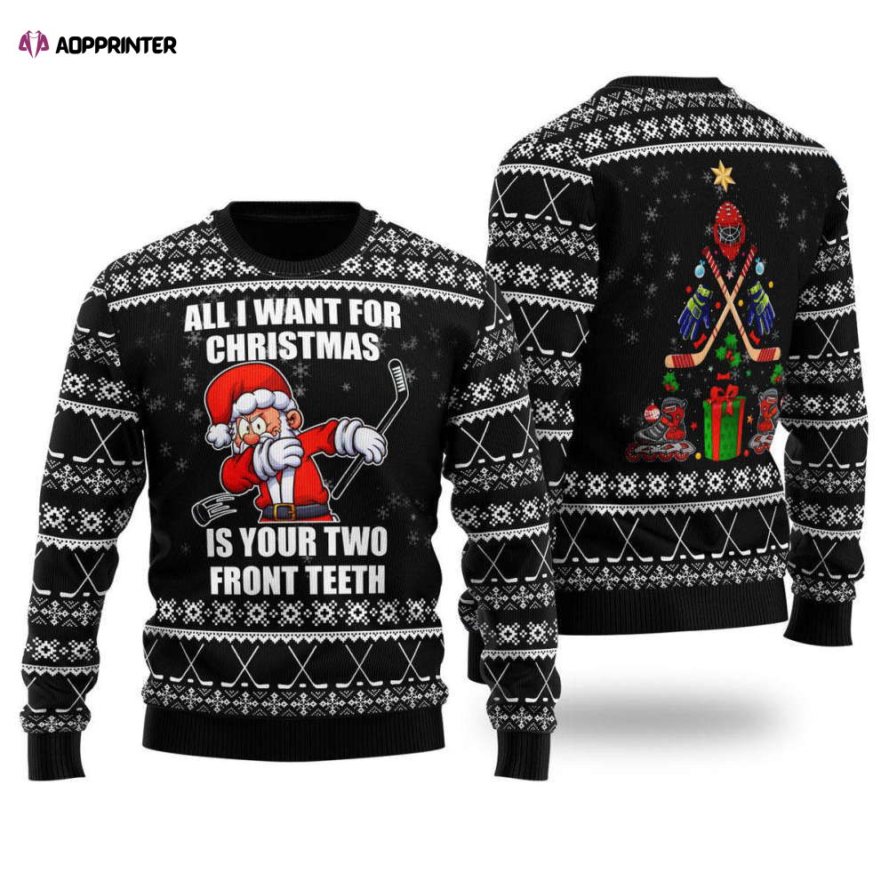 Santa Hockey Ugly Christmas Sweater – All I Want For Christmas – Men & Women – UH1512 Santa Hockey Ugly Christmas Sweater – All I Want For Christmas – Men & Women – UH1512