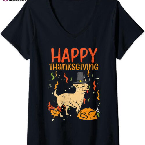 Cart 4 Womens Happy Thanksgiving Chihuahua Turkey Chiwawa Dog Fall Autumn V-Neck T-Shirt