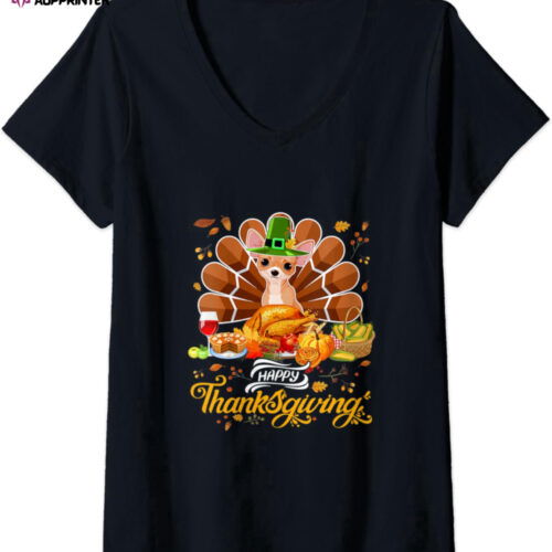 Cart 2 Womens Happy Thanksgiving Chihuahua Turkey Thanksgiving Costume V-Neck T-Shirt