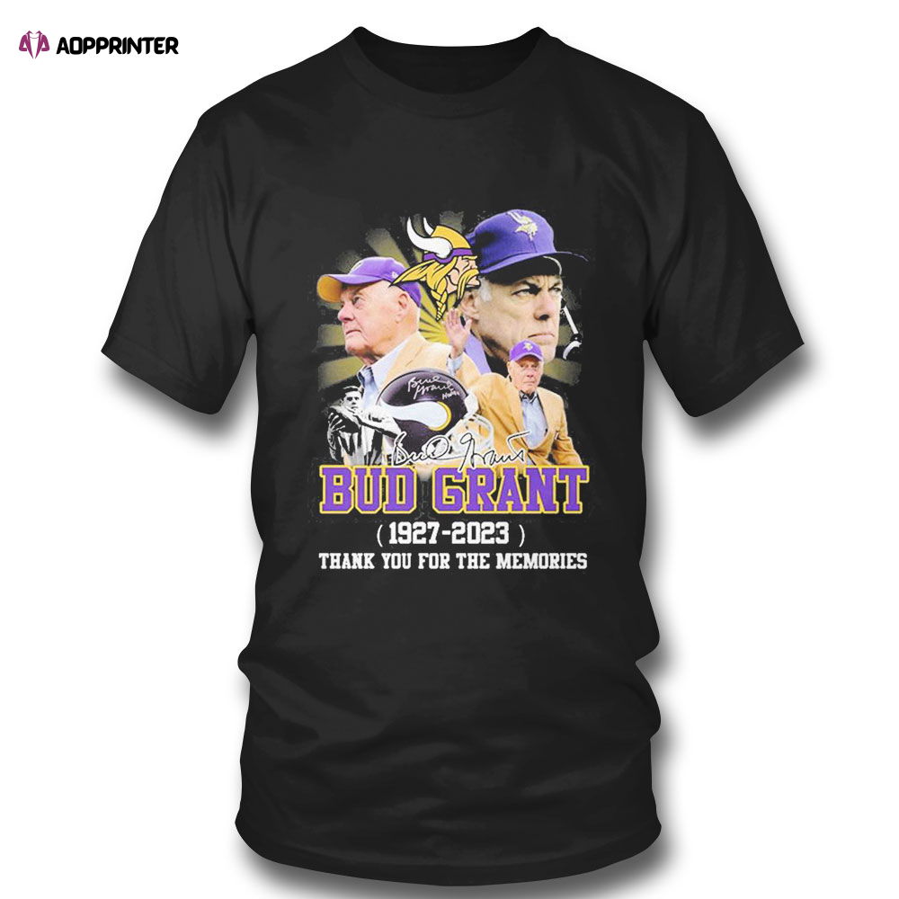 Minnesota Vikings Signature Bud Grant 1927 2023 Thank You For The Memories T-shirt Minnesota Vikings Signature Bud Grant 1927 2023 Thank You For The Memories T-shirt