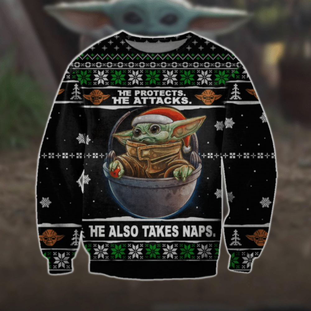 Baby Yoda He Protects He Attacks Ugly Sweater Gifts, Baby Yoda Gift Fan Ugly Sweater Baby Yoda He Protects He Attacks Ugly Sweater Gifts, Baby Yoda Gift Fan Ugly Sweater