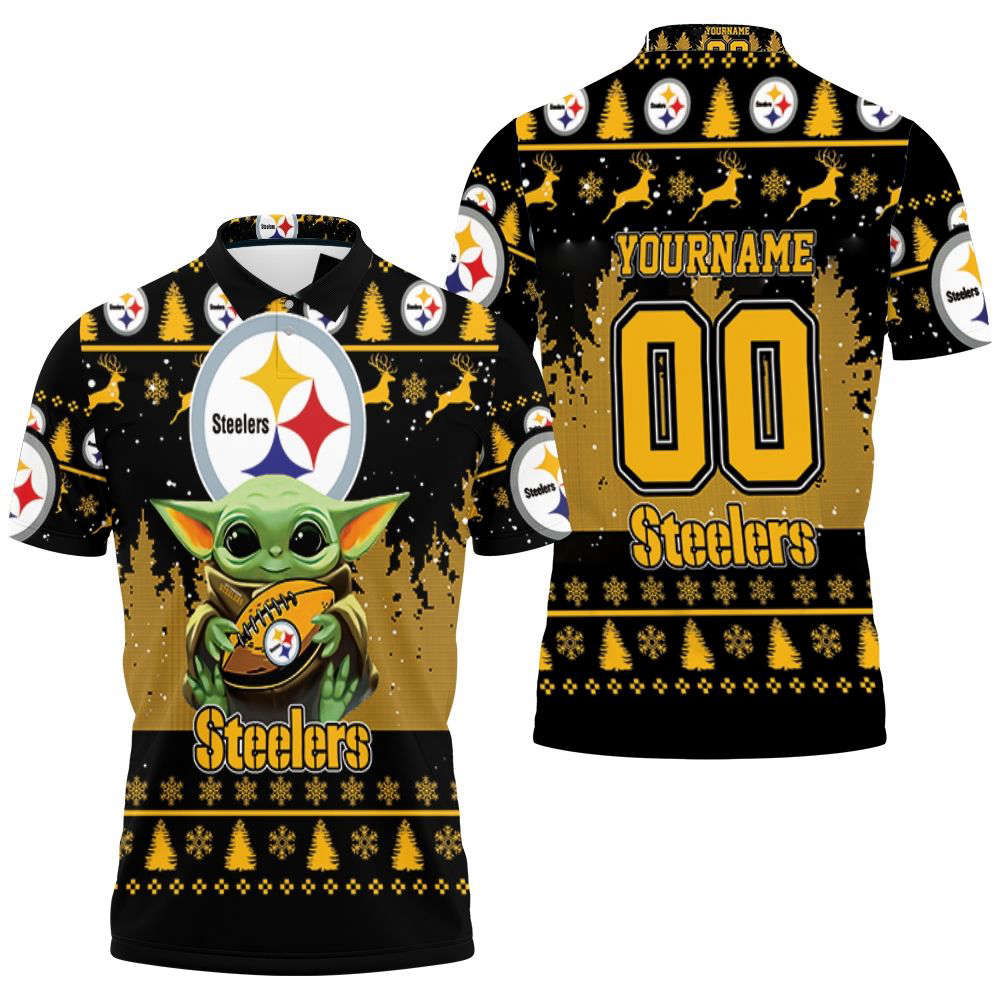 Baby Yoda Hugs Pittsburgh Steelers Ugly Sweater 3D Personalized Polo Shirt Baby Yoda Hugs Pittsburgh Steelers Ugly Sweater 3D Personalized Polo Shirt