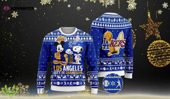 Mickey Mouse Los Angeles Lakers And Snoopy Los Angeles Dodgers All Over Print Ugly Sweater