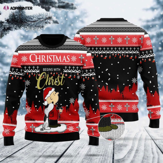 Snoopy And Charlie Christmas Begins With Christ Christmas Sweater