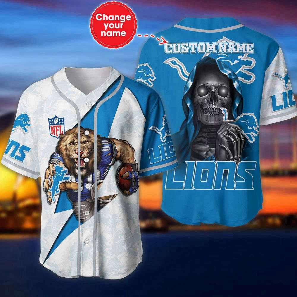Detroit Lions Baseball Jersey Shirt Skull Custom Name, Gift For Men Women Detroit Lions Baseball Jersey Shirt Skull Custom Name, Gift For Men Women