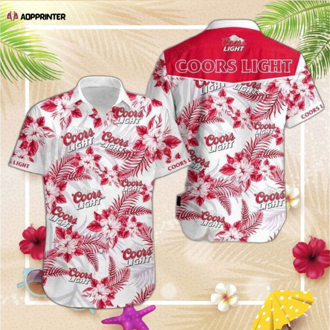F89 Beer Hawaii Shirt  Coors Light Logo Hibiscus Flower Pattern Red White Hawaiian Aloha Shirt