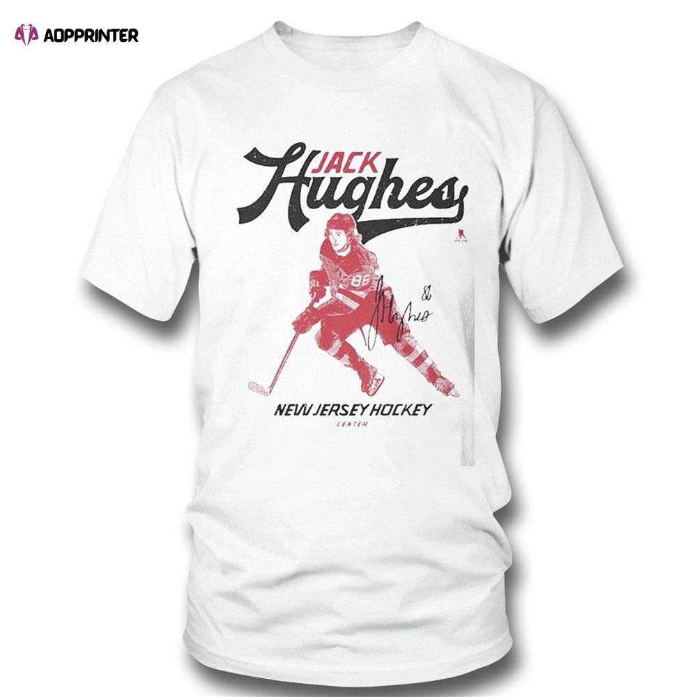 Jack Hughes New Jersey Hockey Center Signature T-shirt For Fans Jack Hughes New Jersey Hockey Center Signature T-shirt For Fans