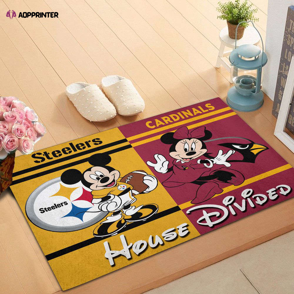 Pittsburgh Steelers vs Arizona Cardinals Mickey And Minnie Teams NFL House Divided Doormat, Gift For Home Decor Pittsburgh Steelers vs Arizona Cardinals Mickey And Minnie Teams NFL House Divided Doormat, Gift For Home Decor