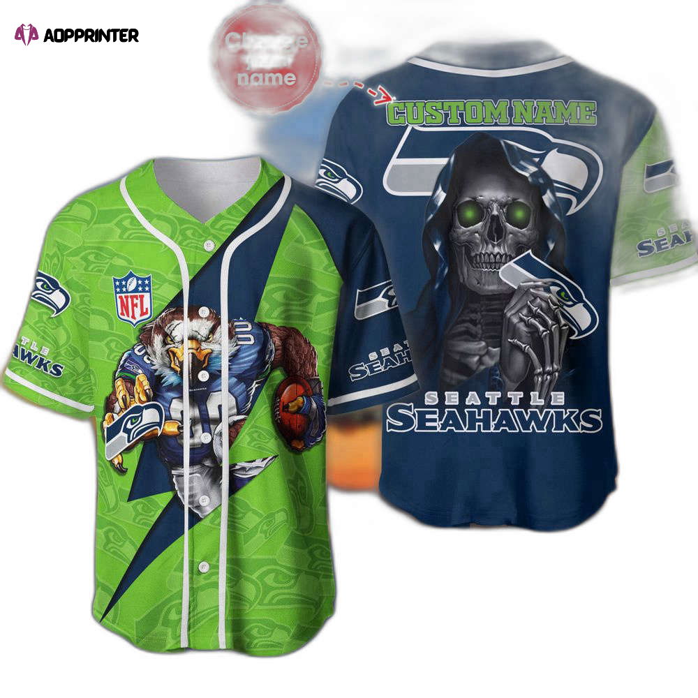 Seattle Seahawks Baseball Jersey Shirt Skull Custom Name, Gift For Men Women Seattle Seahawks Baseball Jersey Shirt Skull Custom Name, Gift For Men Women