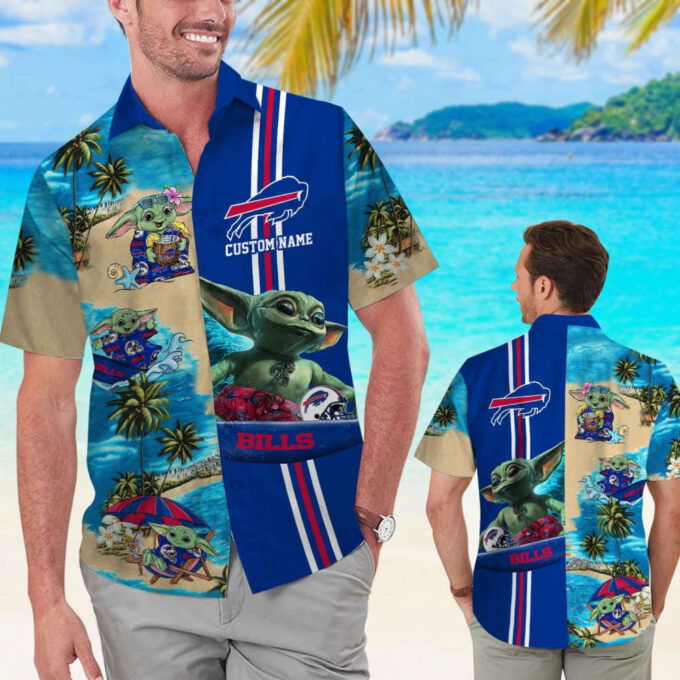 Buffalo Bills Baby Yoda Name Personalized Short Sleeve Button Up Tropical Aloha Hawaiian Shirt Set for Men Women Kids