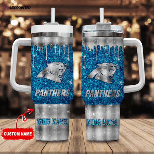 Cart 3 Carolina Panthers Personalized NFL Glitter and Diamonds Bling 40oz Stanley Tumbler