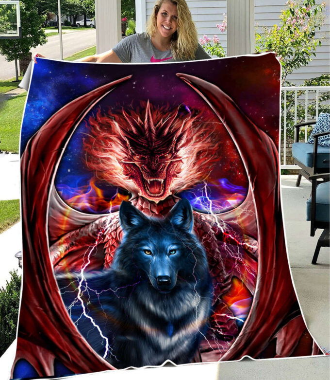 Dragon and wolf fleece blanket