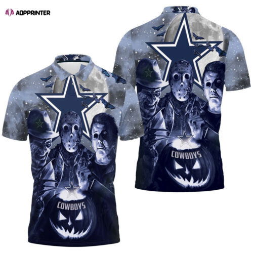 Cart 4 Freddy Jason Michael Myers Love Dallas Cowboys Pumpkin Head Halloween 3D Polo Shirt, Jersey