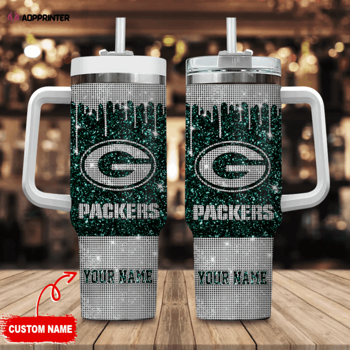 Green Bay Packers Personalized NFL Glitter and Diamonds Bling 40oz Stanley Tumbler