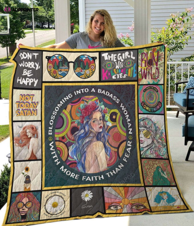 Hippie Blossoming Into A Badass Woman Quilt Blanket Great Customized Gifts For Birthday Christmas Thanksgiving Perfect Gifts For Hippie