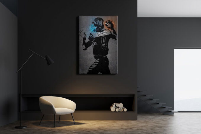 Joe Burrow Poster Neon Effect Cincinnati Bengals Football Canvas Unique Design Wall Art Print Hand Made Ready to Hang Custom Design