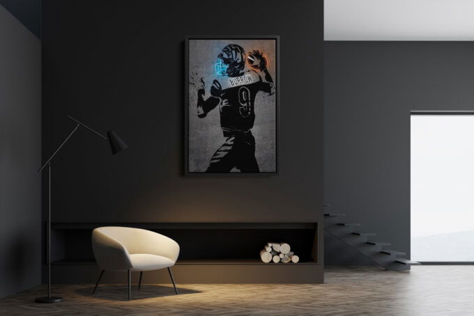 Joe Burrow Poster Neon Effect Cincinnati Bengals Football Canvas Unique Design Wall Art Print Hand Made Ready to Hang Custom Design