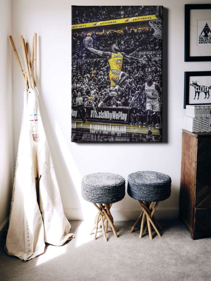 Lebron James Dunk Painting Poster Los Angeles Lakers Canvas Unique Design Wall Art Print Hand Made Ready to Hang Custom Design