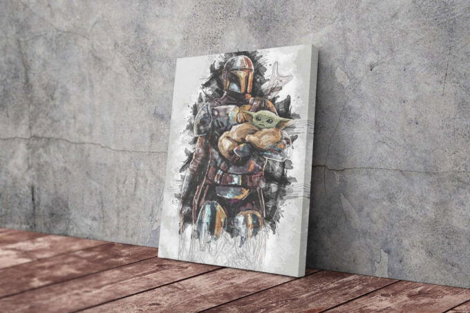 Mandalorian with Baby Yoda Art Effect Star Wars Canvas Unique Design Wall Art Print Hand Made Ready to Hang Custom Design