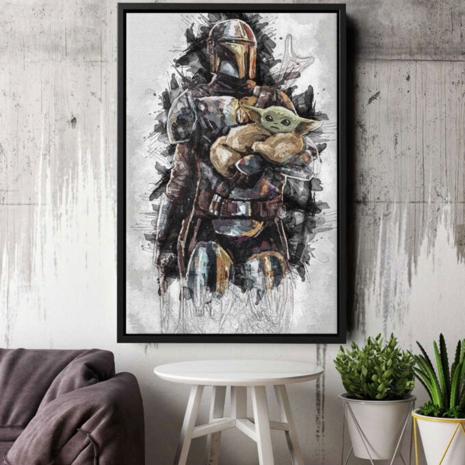 Mandalorian with Baby Yoda Art Effect Star Wars Canvas Unique Design Wall Art Print Hand Made Ready to Hang Custom Design