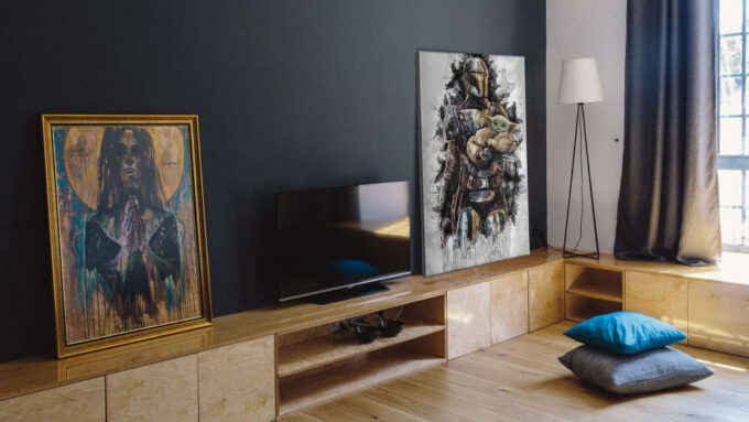 Mandalorian with Baby Yoda Art Effect Star Wars Canvas Unique Design Wall Art Print Hand Made Ready to Hang Custom Design