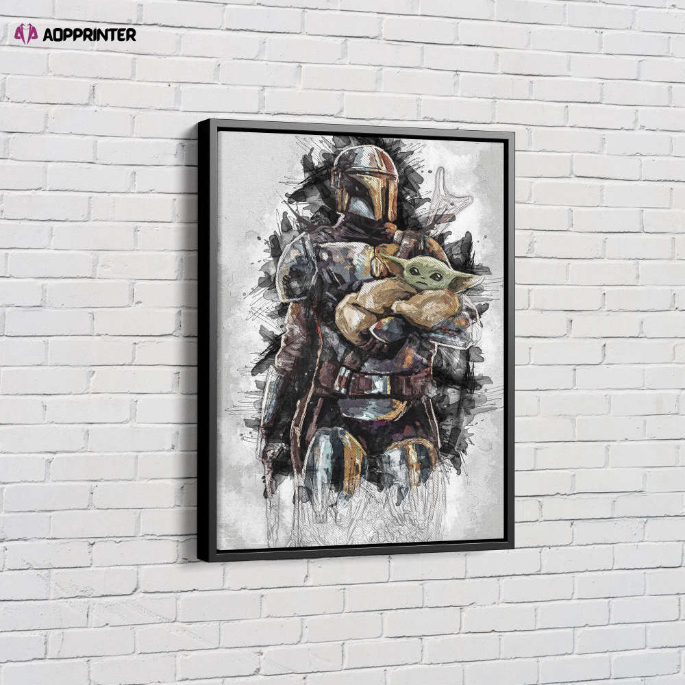 Mandalorian with Baby Yoda Art Effect Star Wars Canvas Unique Design Wall Art Print Hand Made Ready to Hang Custom Design Mandalorian with Baby Yoda Art Effect Star Wars Canvas Unique Design Wall Art Print Hand Made Ready to Hang Custom Design