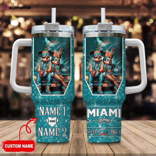 Cart 5 Miami Dolphins NFL Mickey And Minnie Couple 40oz Stanley Tumbler Custom Name