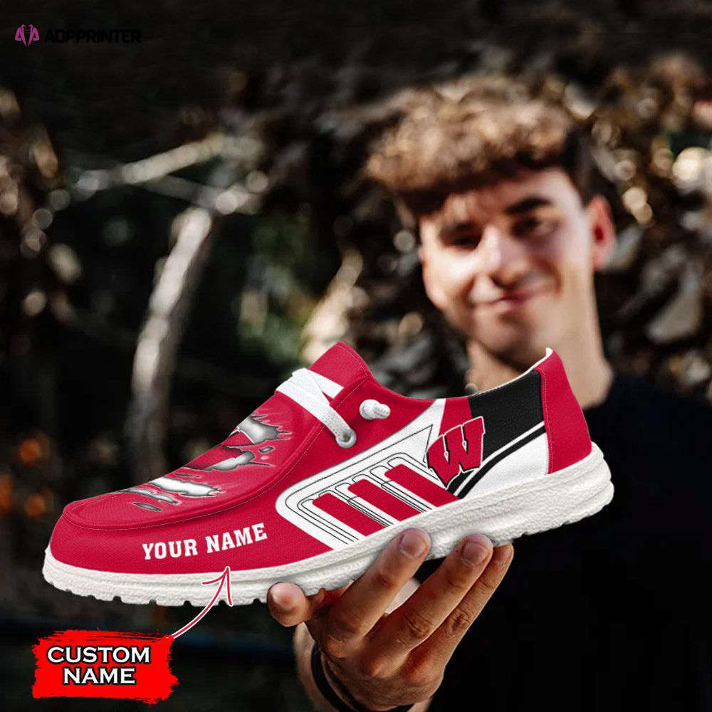 NCAA Wisconsin Badgers Hey Dude Shoes Wally Lace Up Loafers Moccasin Slippers HDS1420 NCAA Wisconsin Badgers Hey Dude Shoes Wally Lace Up Loafers Moccasin Slippers HDS1420