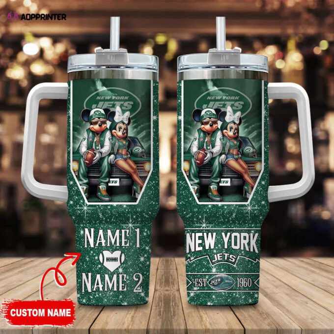 New York Jets NFL Mickey And Minnie Couple 40oz Stanley Tumbler Custom Name