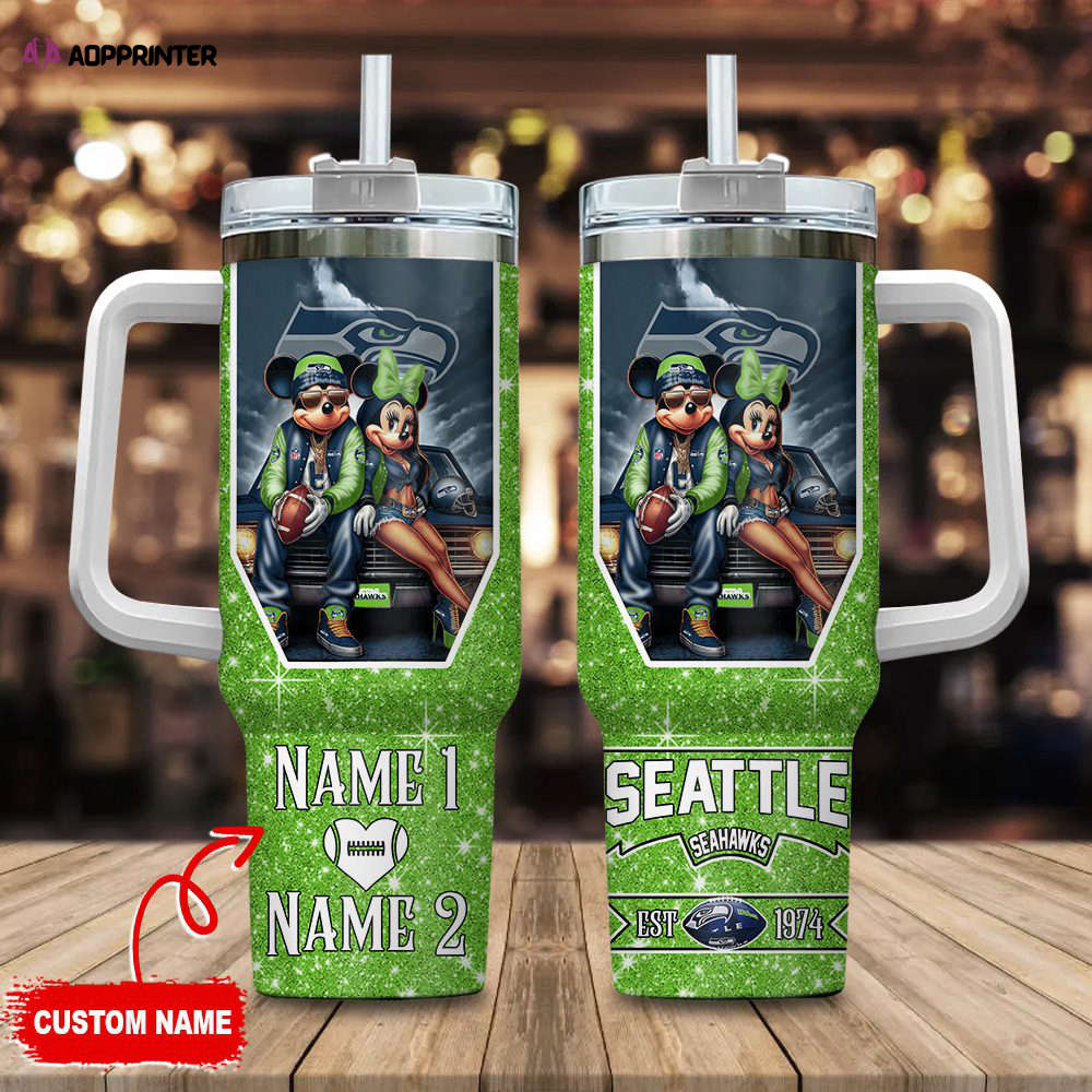 Seattle Seahawks NFL Mickey And Minnie Couple 40oz Stanley Tumbler Custom Name Seattle Seahawks NFL Mickey And Minnie Couple 40oz Stanley Tumbler Custom Name