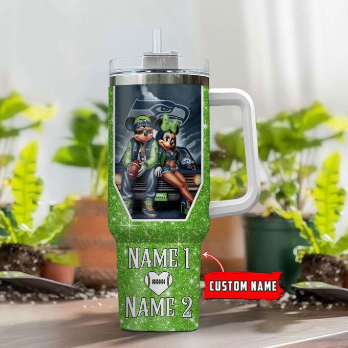 Seattle Seahawks NFL Mickey And Minnie Couple 40oz Stanley Tumbler Custom Name