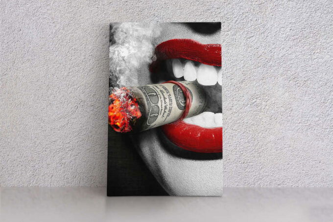Smoking Woman Poster Red Lips Money Cigar Canvas Unique Design Wall Art Print Hand Made Ready to Hang Custom Design